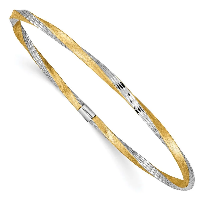 Women’s trendy gold bangles-14k and White Rhodium 3mm Satin Diamond-cut Twist Slip-on Bangle-WBC-DB493