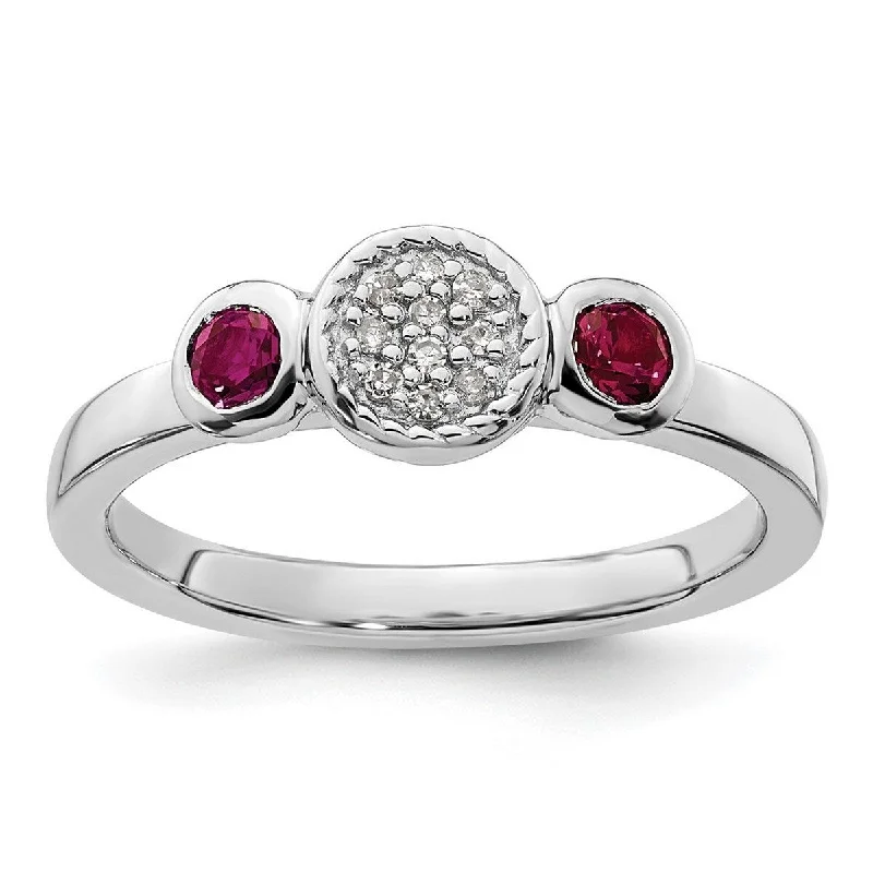 Women’s designer rings-Curata 925 Sterling Silver Bezel Polished Prong set Stackable Expressions Db Round Cr. Ruby and Dia. Ring