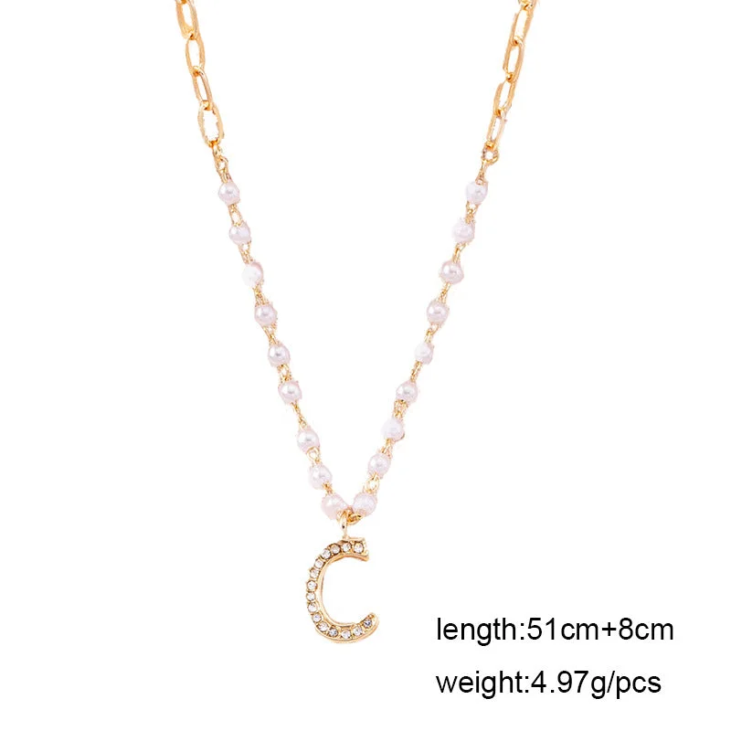 Women’s vintage necklaces-Pearl Fashion Rhinestone Letter Sweater Necklace Long Sweater Chain