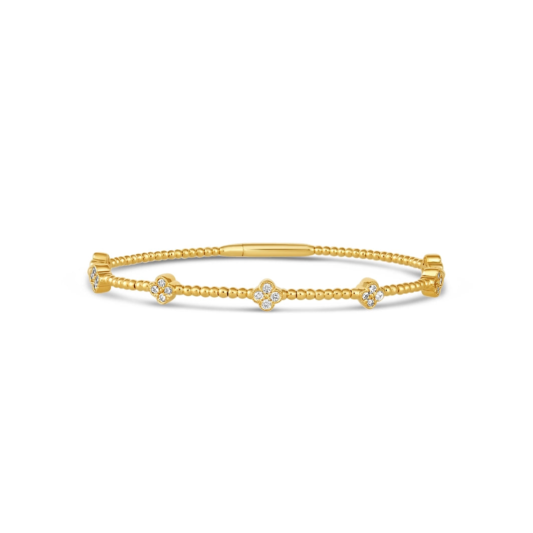 Women’s casual cuff bracelets-14K Yellow Gold Clasped Bangle with Quad Diamond Sections