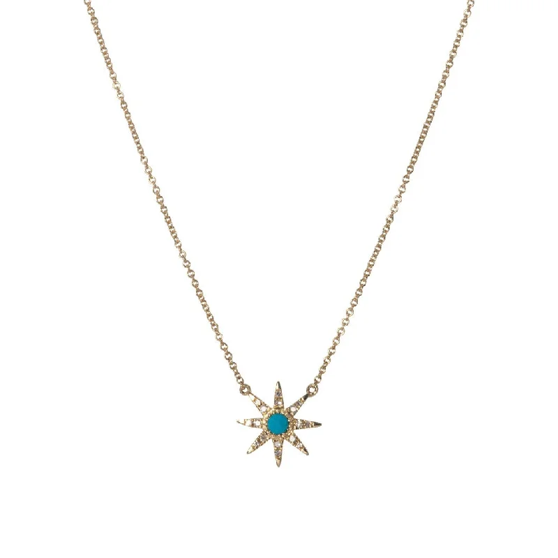 Women’s romantic necklaces-Turquoise & Diamond Starburst 14K Gold Pendant Necklace