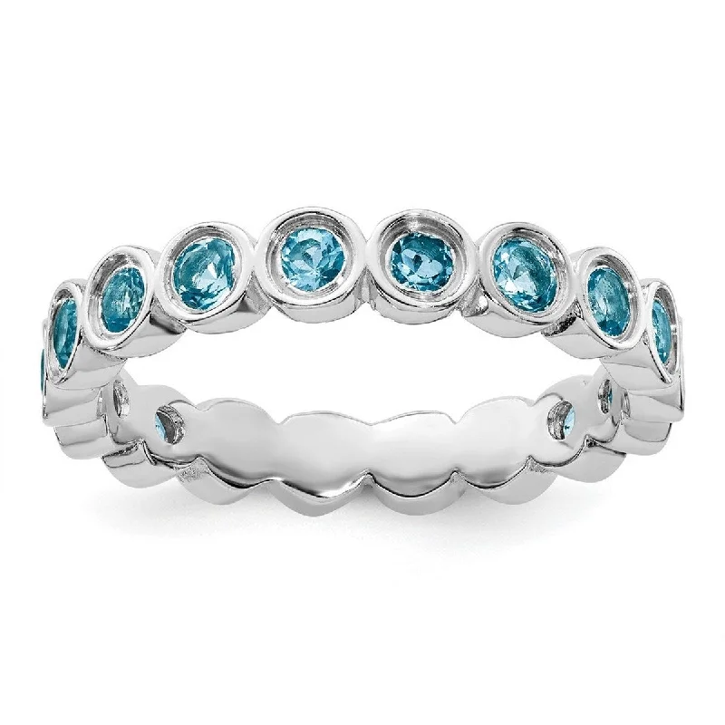 Women’s multi-stone rings-Curata 925 Sterling Silver Bezel Polished Patterned Stackable Expressions Blue Topaz Ring