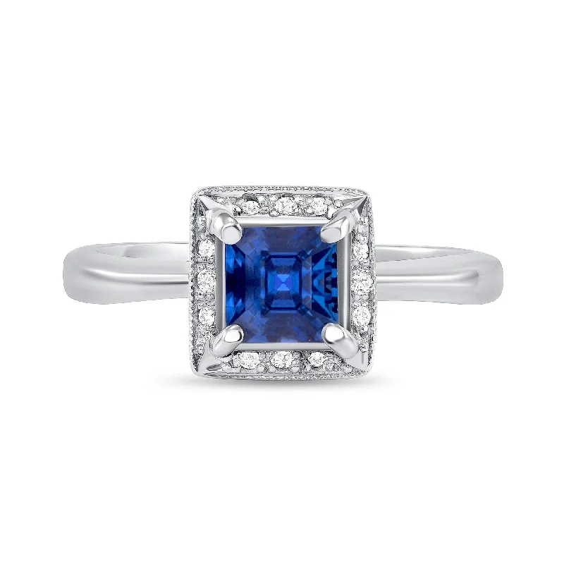 Women’s modern engagement rings-0.84 ct Blue Sapphire and Diamond Ring in 14k White Gold