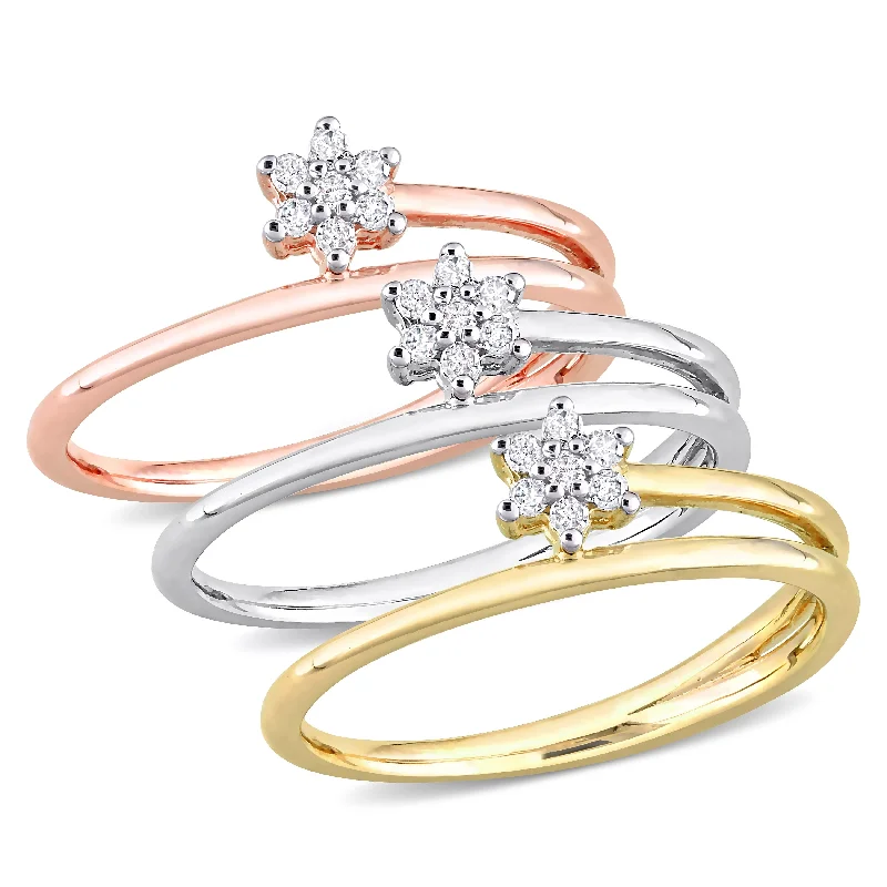 Women’s stackable rings with diamonds-Miadora 1/5ct TW Diamond Floral Promise Rings 3-Piece Set Yellow Rose White Sterling Silver