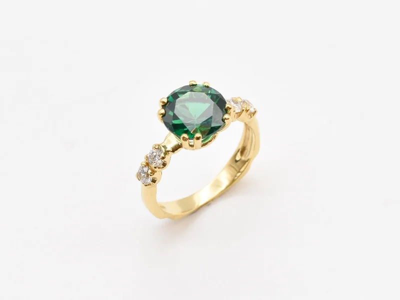 Women’s diamond engagement rings-Gold Emerald Ring - Green Round Ring - VIntage Engagement Ring