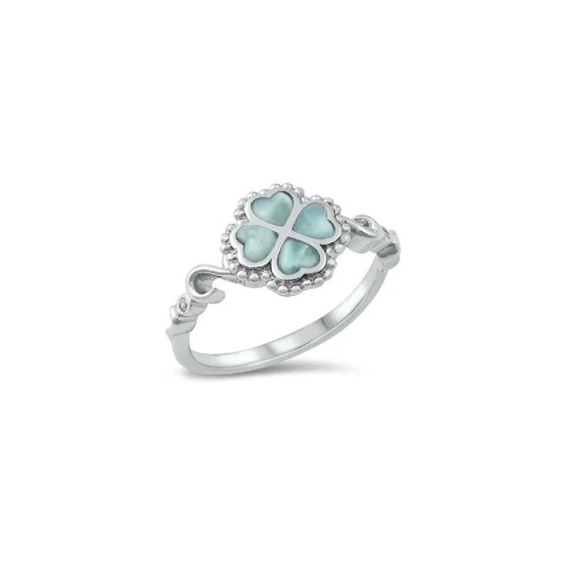 Women’s wedding bands with gemstones-Larimar & Sterling Silver Four Leaf Clover Ring