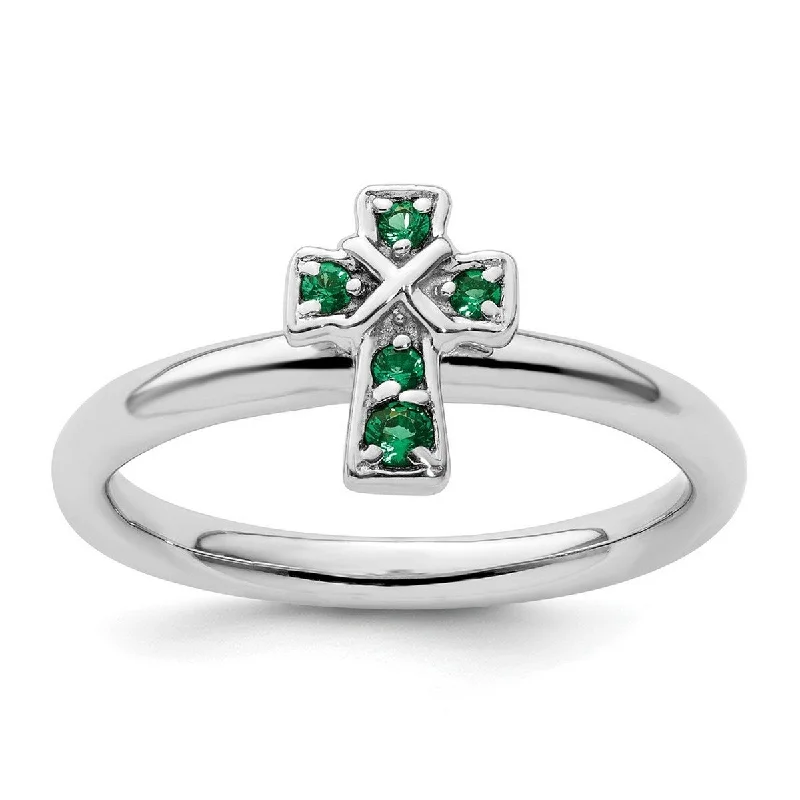 Women’s silver rings-Curata 2.25mm 925 Sterling Silver Stackable Expressions Rhodium Created Emerald Religious Faith Cross Ring