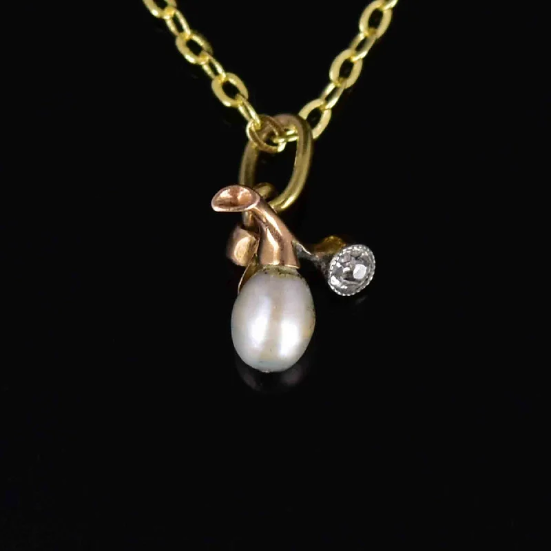 Women’s wedding necklaces-Antique Edwardian 14K Gold Diamond Pearl Charm Pendant Necklace