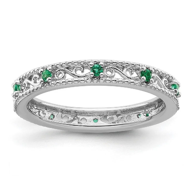 Women’s statement rings-Curata 3mm 925 Sterling Silver Polished Prong set Stackable Expressions Created Emerald Ring