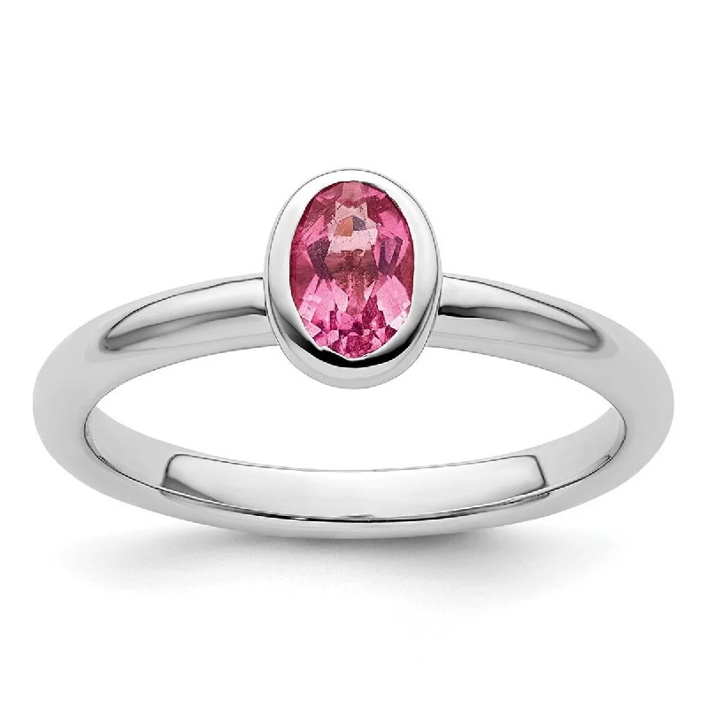 Women’s charm rings-Curata 925 Sterling Silver Bezel Polished Stackable Expressions Oval Pink Tourmaline Ring