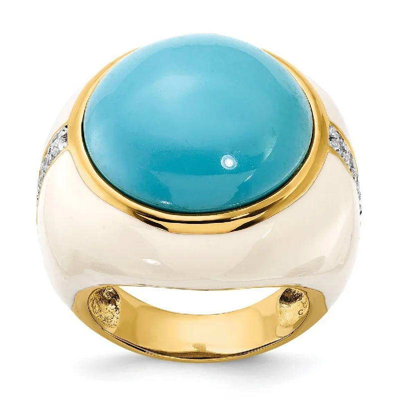 Women’s round rings-Curata Gold Plated 925 Sterling Silver Wht Enam Simulated Turquoise and Cubic Zirconia Ring