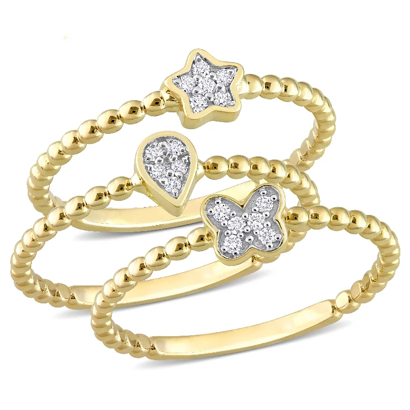 Women’s animal rings-Miadora 1/10ct TDW Diamond Star Teardrop Clover Cluster Three Ring Set 14k Yellow Gold