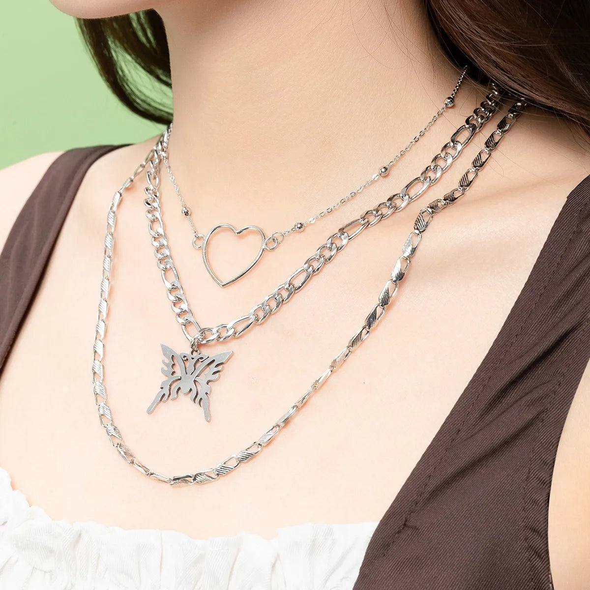 Women’s diamond chain necklaces-Fashion Stainless Steel Heart Shape Butterfly Necklace Daily 3 Pieces