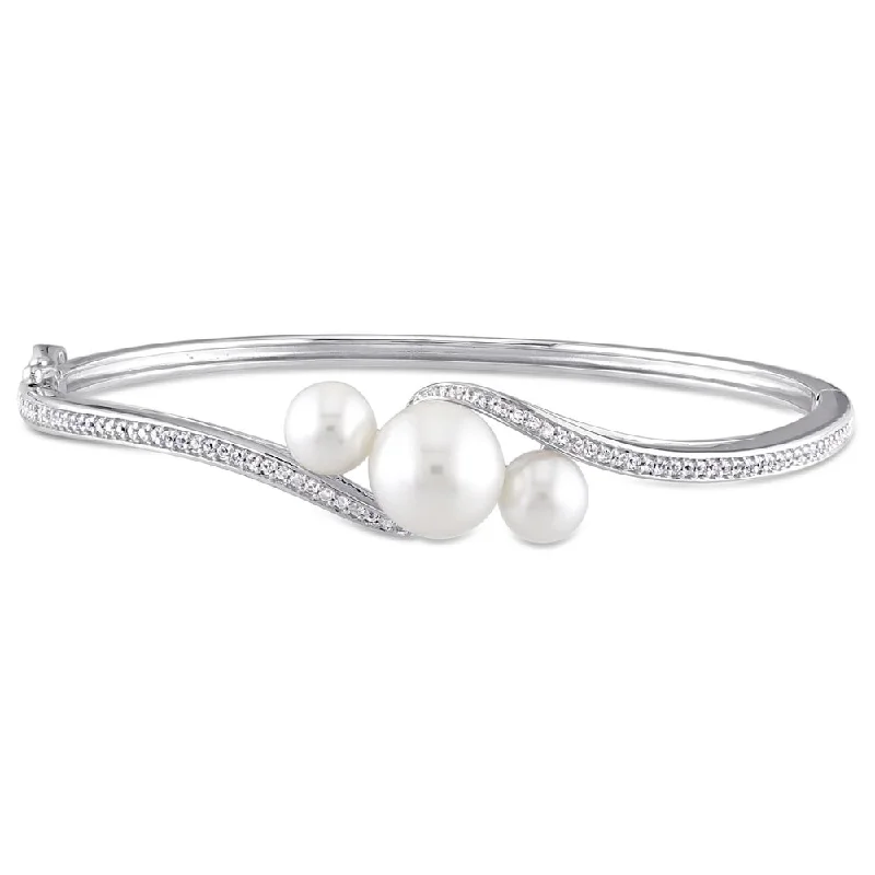 Women’s leather cuff bracelets-Miadora Sterling Silver Cultured Freshwater Pearl & Created White Sapphire 3-Stone Bypass Bangle (9-9.5 mm)