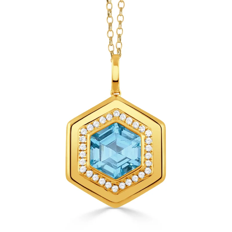 Women’s lock and key necklaces-Blue Topaz & Diamond Hexagon 18K Yellow Gold Pendant Necklace