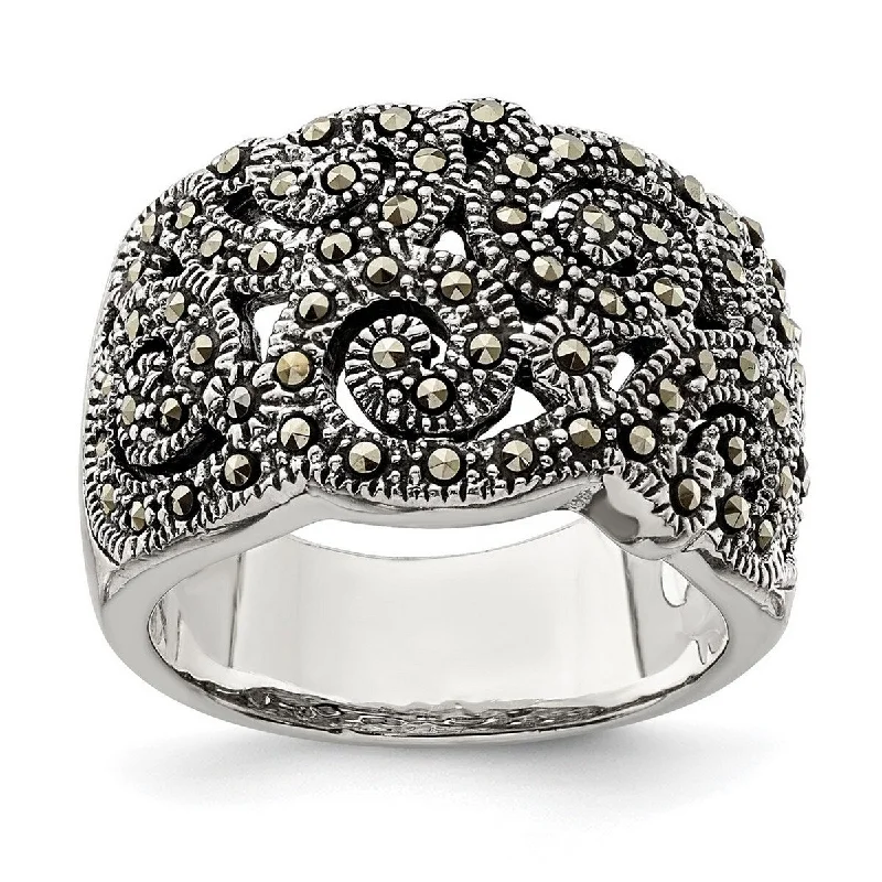 Women’s diamond wedding bands-Curata 925 Sterling Silver Polished Open back Marcasite Ring