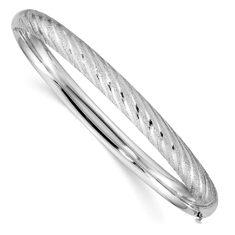 Women’s multi-layered bracelets-14k White Gold Textured Diamond-cut Twisted Hinged Bangle-WBC-DB702W