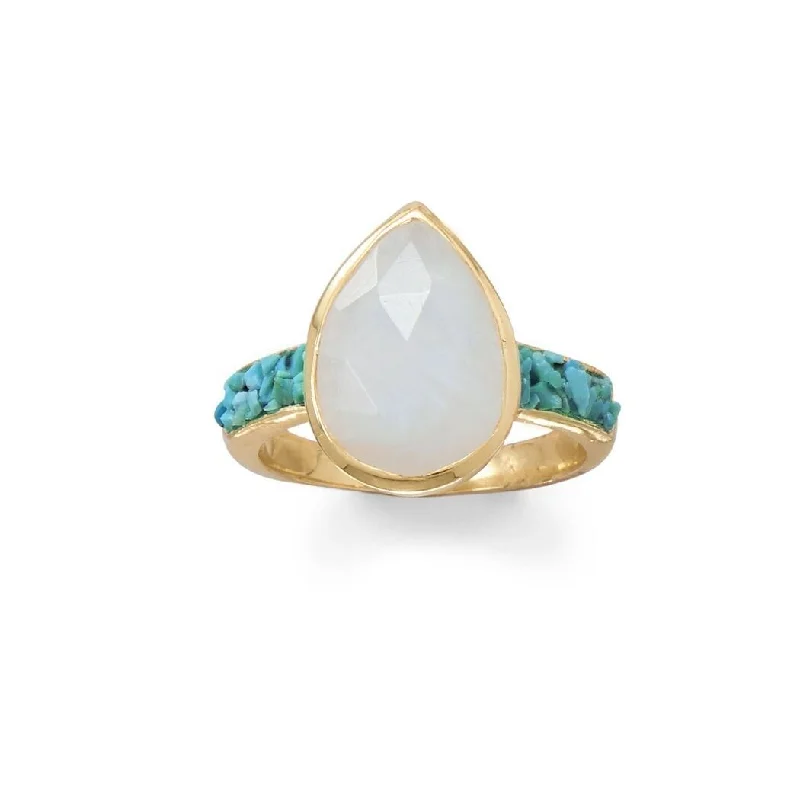 Women’s sterling silver rings-Curata 14k Gold Plated 925 Sterling Silver Rainbow Moonstone and Crushed Turquoise Ring