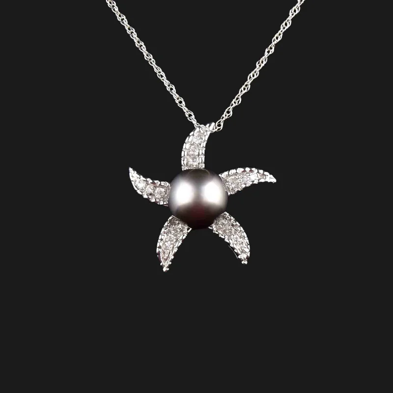 Women’s dainty necklaces-Vintage 14K White Gold Black Pearl Diamond Starfish Necklace