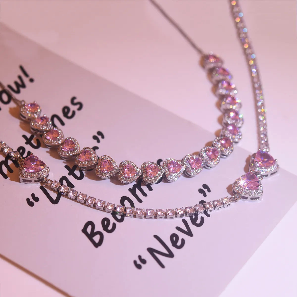 Women’s long gold necklaces-Light Luxury Heavy Industry High-end Clavicle Chain Female Summer Sweet Pink Love Pull Choker Necklace Full Zircon Necklace