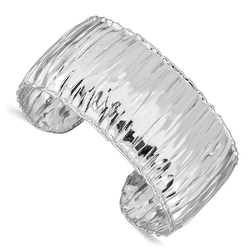 Women’s double bangle bracelets-Sterling Silver Rhodium-plated Polish Textured 31.5mm Cuff Bangle-WBC-QB1021