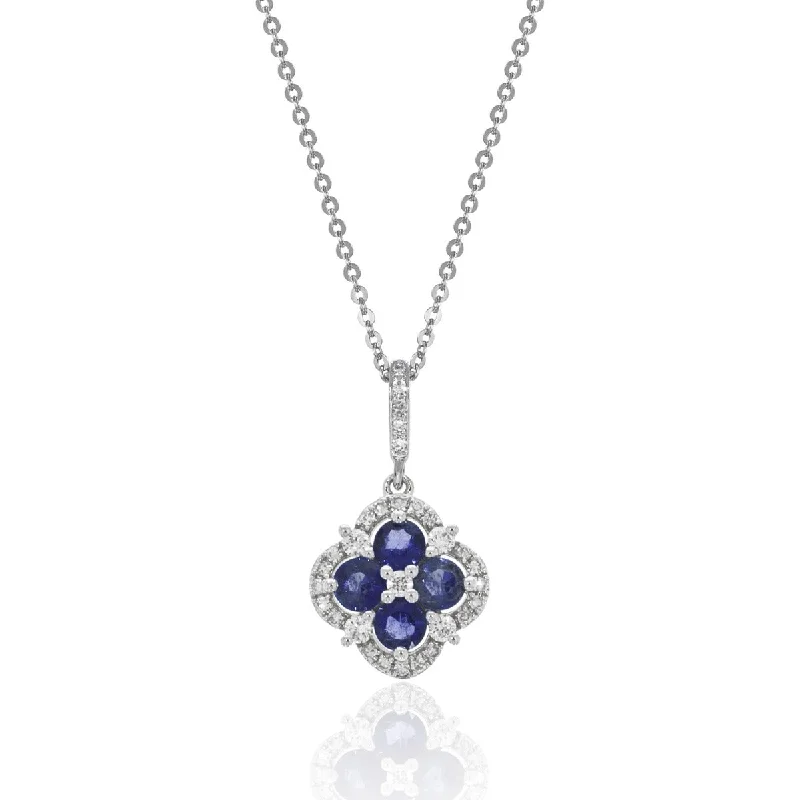 Women’s gold pendant necklaces-Sapphire & Diamond 14K White Gold Clover Necklace