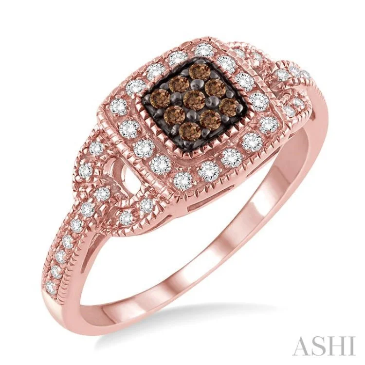 Women’s engagement rings with diamonds-1/3 Ctw Round Cut White and Champagne Brown Diamond Ring in 10K Rose Gold