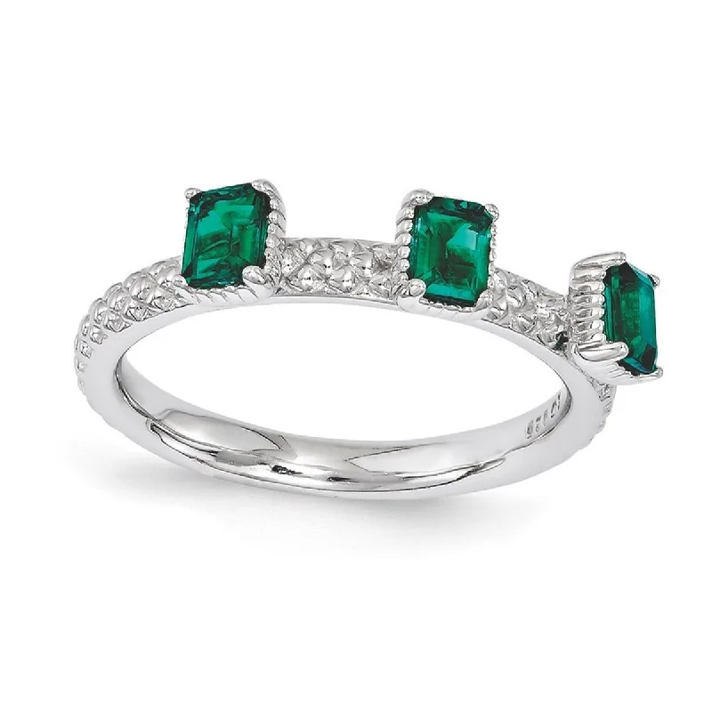 Women’s heart-shaped rings-Curata 2.5mm 925 Sterling Silver Polished Prong set Stackable Expressions Created Emerald Three Stone Ring