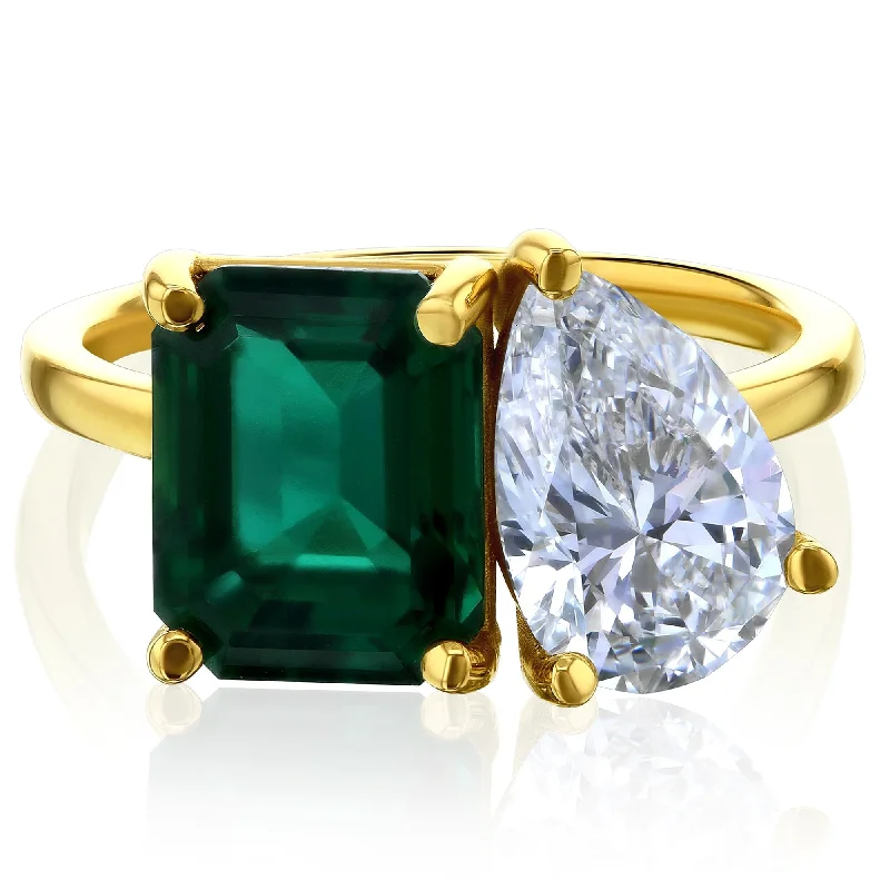 Women’s solitaire rings-Kobelli Grown - The Empress 14k Solid Gold Deep Green Emerald & White Diamond 2 Stone Toi et Moi Ring (Certified EF/VS)