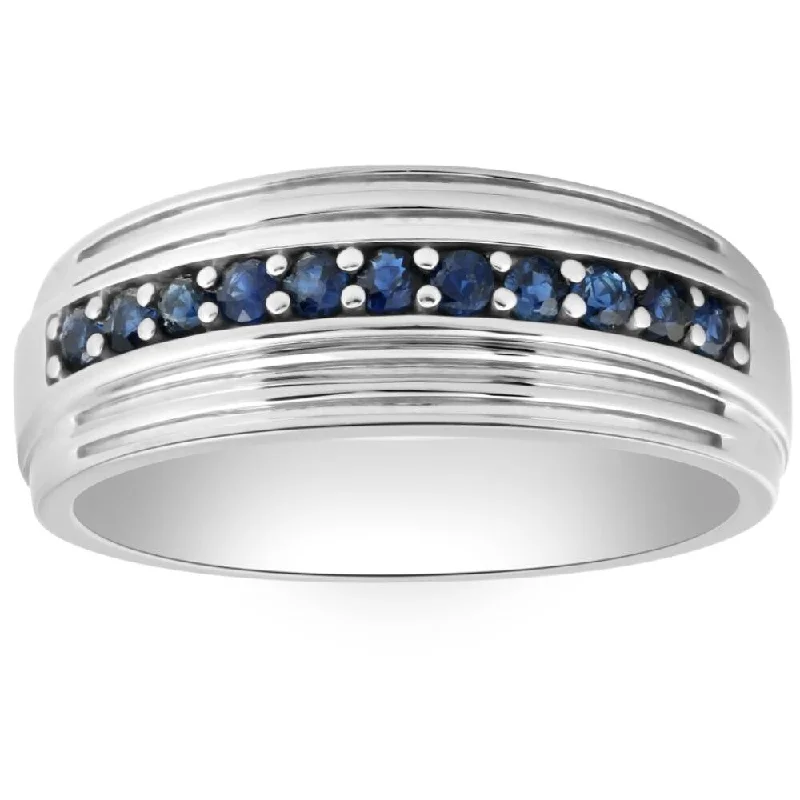 Women’s designer engagement rings-5/8Ct Blue Sapphire Band Men's Wedding Ring in White, Yellow, or Rose Gold