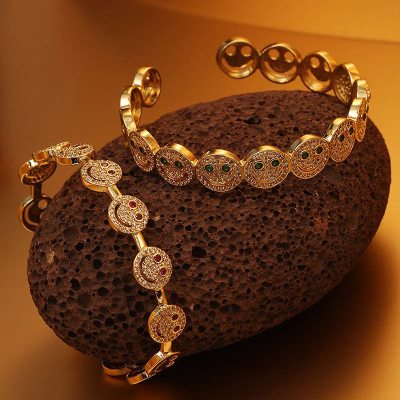 Women’s stylish bracelets-Casual Commute Smiley Face Brass 14k Gold Plated Zircon Bangle In Bulk