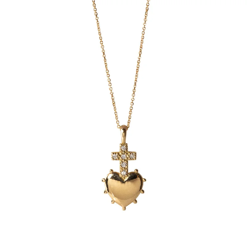 Women’s pendant necklaces-Diamond Cross Heart 18K Gold Small Pendant Necklace