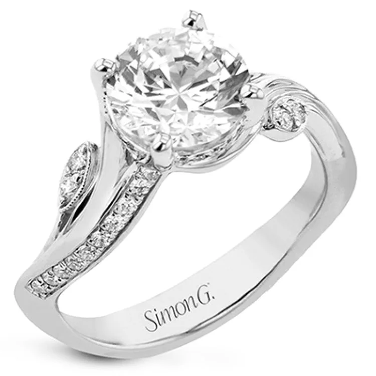 Women’s engagement rings with a twist-This unique two-tone engagement ring has a sculpted look and accent diamonds 0.21 ctw set to look like petals and dew drops, flanking the center stone