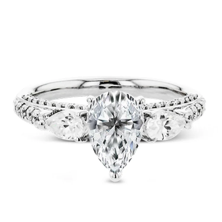 Women’s diamond halo engagement rings-Pear shaped side stone set horizontally give this 18k white gold engagement ring a modern feel, accentuating the pear shape center stone.