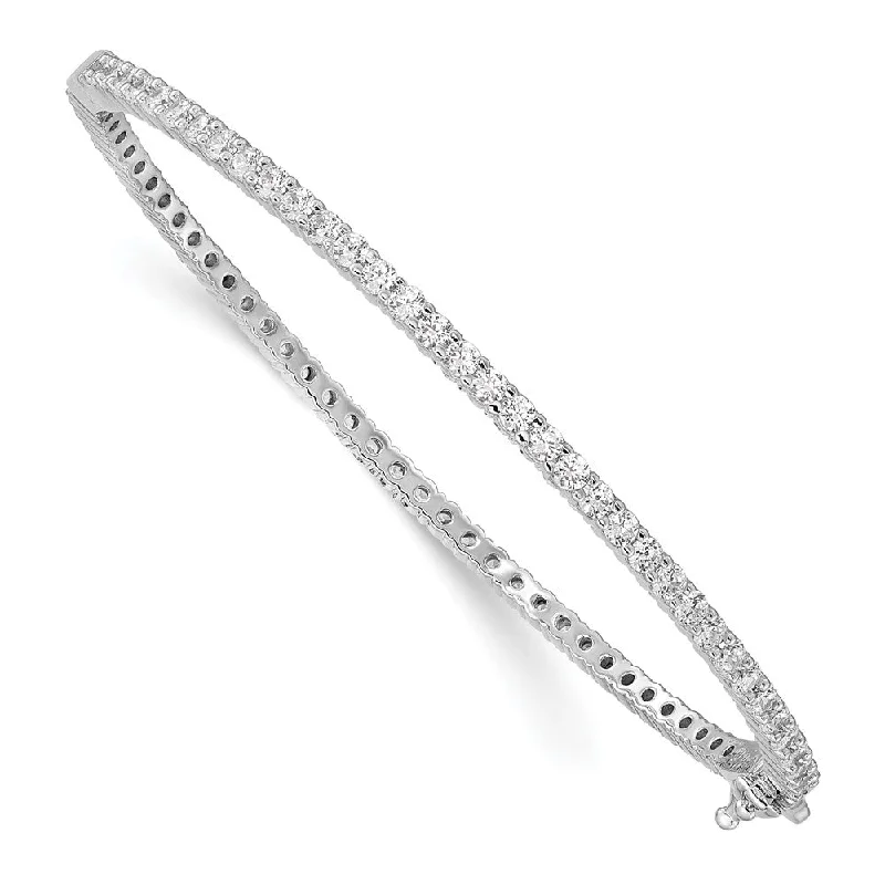 Women’s sterling silver bracelets-Sterling Silver Rhodium-plated CZ Hinged Bangle-WBC-QB1065