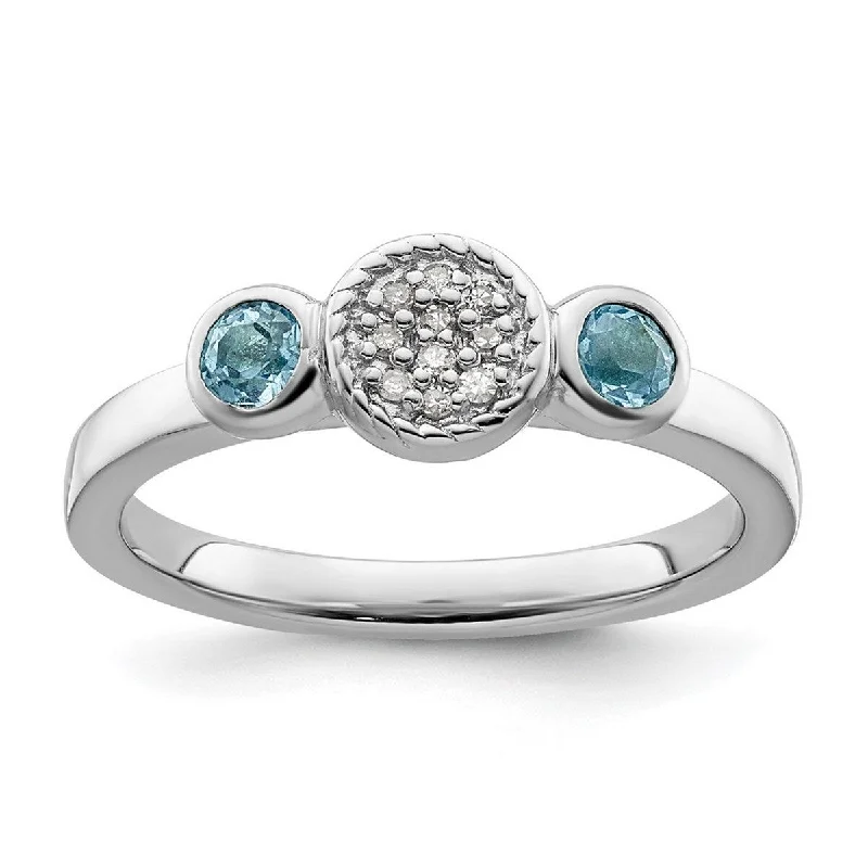 Women’s pearl rings-Curata 925 Sterling Silver Bezel Polished Prong set Stackable Expressions Db Round Blue Topaz and Dia. Ring