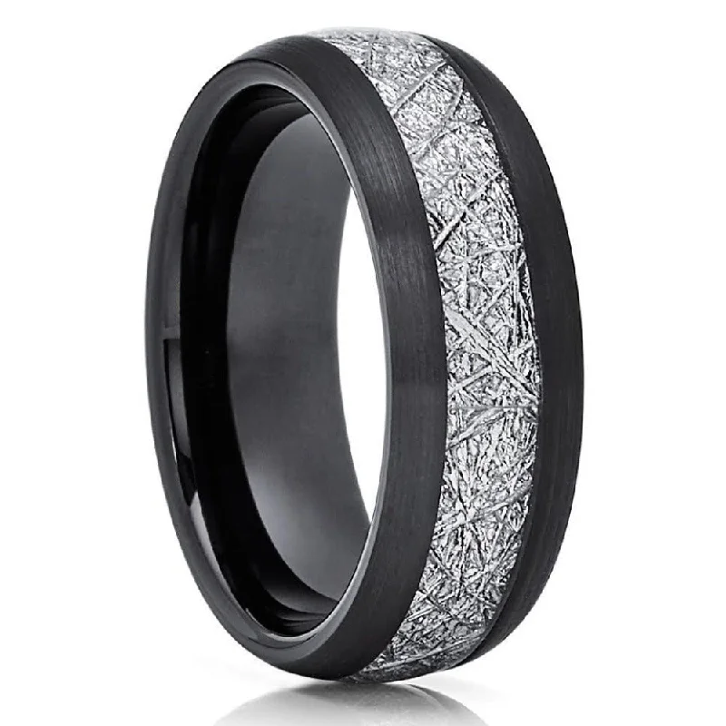 Women’s matching engagement rings-Black Tungsten Ring 8Mm Wedding Ring With Meteorite Inlay Comfort Fit Cobalt Free