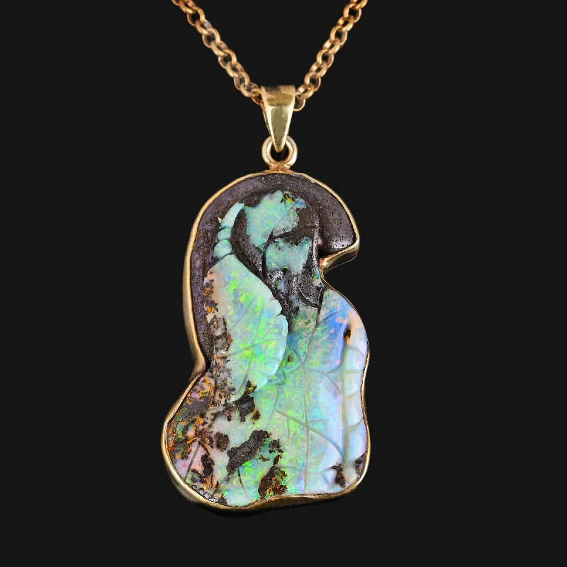 Women’s gold pendant necklaces-Extra Large Carved Leaf Boulder Opal Pendant Necklace