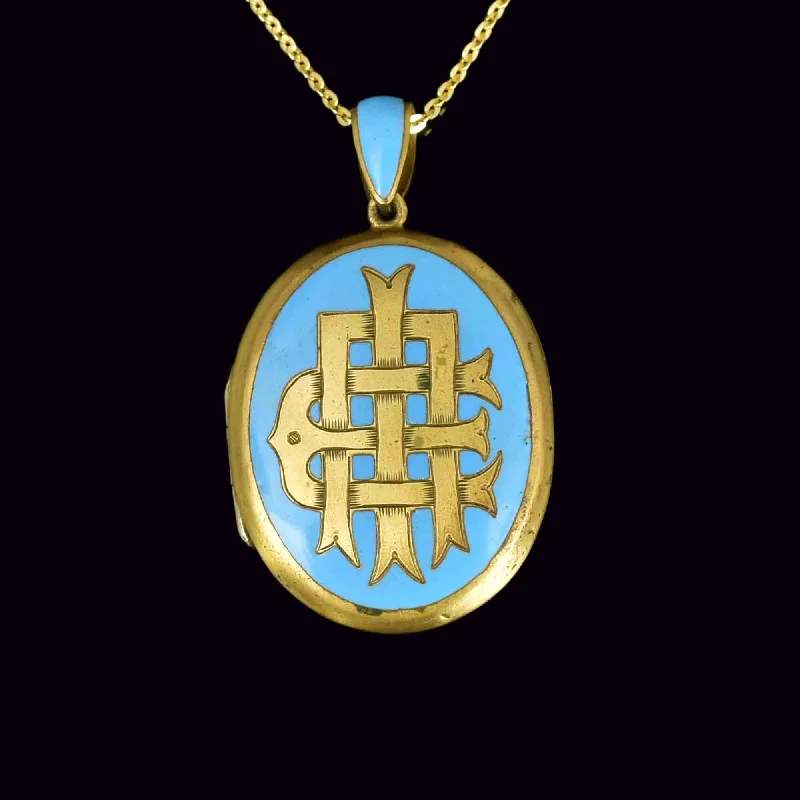 Women’s trendy chain necklaces-Antique Victorian Blue Enamel Locket Pendant Necklace