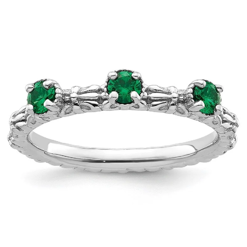 Women’s high-end engagement rings-Curata 2.5mm 925 Sterling Silver Polished Prong set Stackable Expressions Created Emerald Three Stone Ring