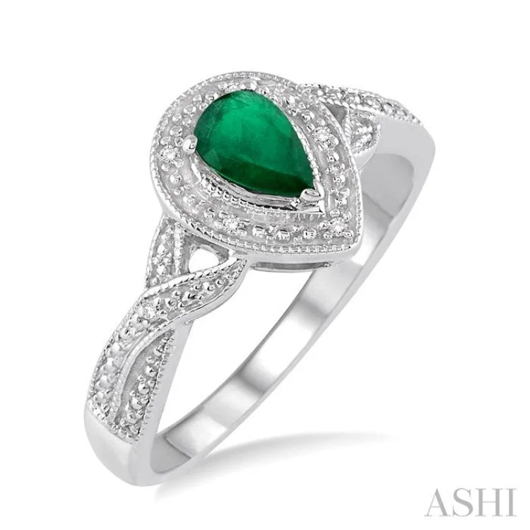 Women’s unique custom engagement rings-6x4 mm Pear Shape Emerald and 1/50 Ctw Round Cut Diamond Ring in Sterling Silver