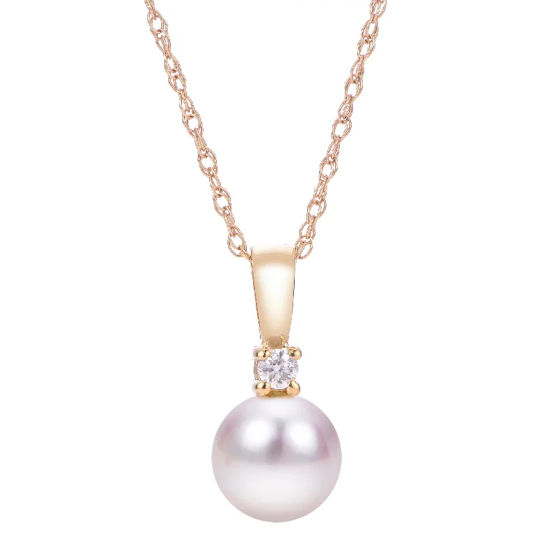 Women’s dainty necklaces-7mm Akoya Pearl & Diamond 14K Yellow Gold Pendant Necklace