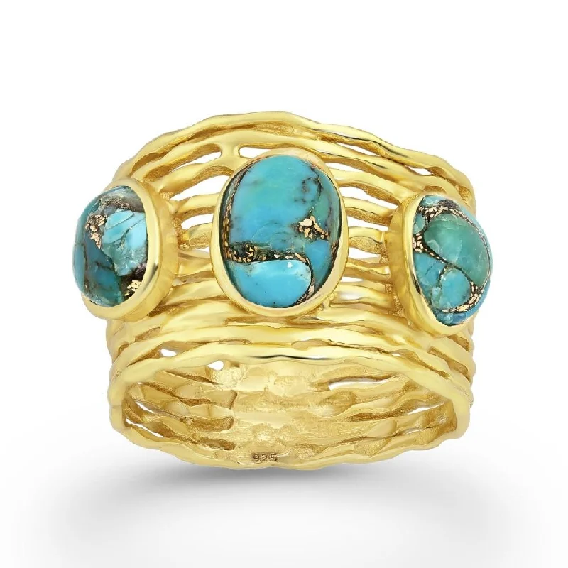 Women’s gold wedding rings-Sterling Silver 18kt Gold Plated Multi-Band Triple Turquoise Oval Statement Ring