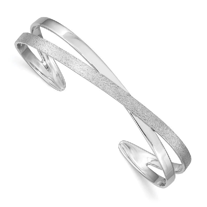 Women’s unique bracelets-Sterling Silver Rhodium-plated Polished / Textured Cuff Bangle-WBC-QB1008