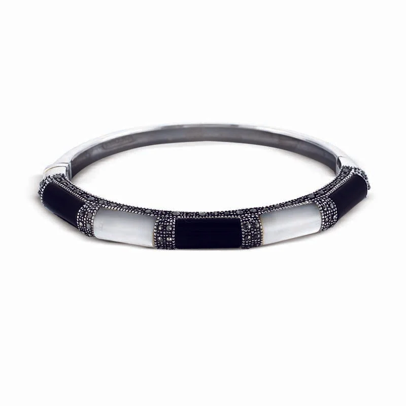 Women’s statement bracelets-STERLING SILVER BANGLE WITH MARCASITE,ONYX AND CABOCHON