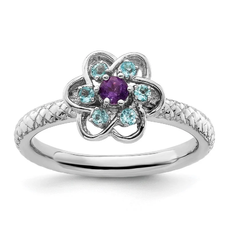 Women’s princess-cut rings-Curata 2.5mm 925 Sterling Silver Polished Prong set Stackable Expressions Amethyst and Blue Topaz Stackable Ring