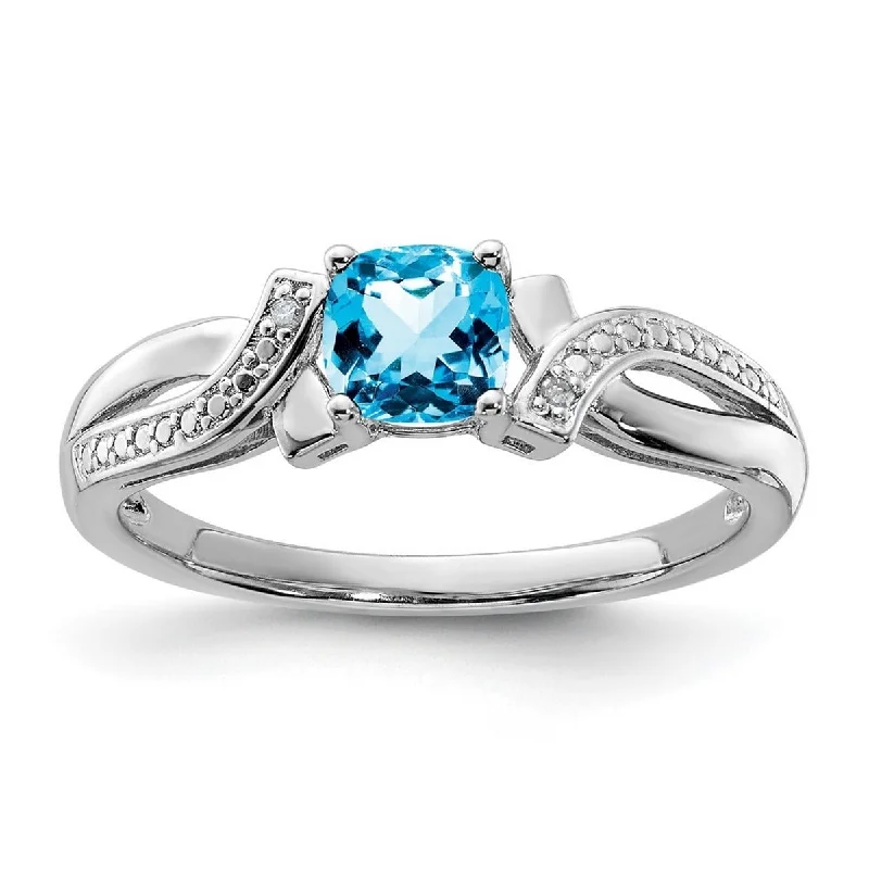 Women’s sapphire engagement rings-Curata 925 Sterling Silver Polished Open back Light Swiss Blue Topaz and Diamond Ring