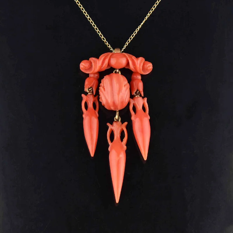 Women’s adjustable necklaces-Antique Victorian 14K Gold Amphora Carved Coral Necklace