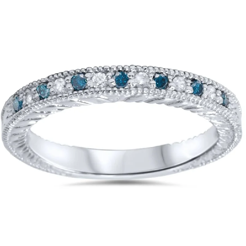 Women’s custom engagement ring designs-1/6ct Blue & White Diamond Vintage Wedding Ring White Gold