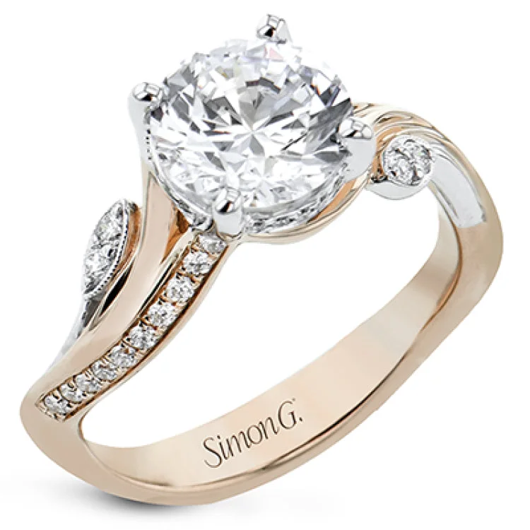 Women’s gold engagement rings with diamonds-This unique two-tone engagement ring has a sculpted look and accent diamonds 0.21 ctw set to look like petals and dew drops, flanking the center stone